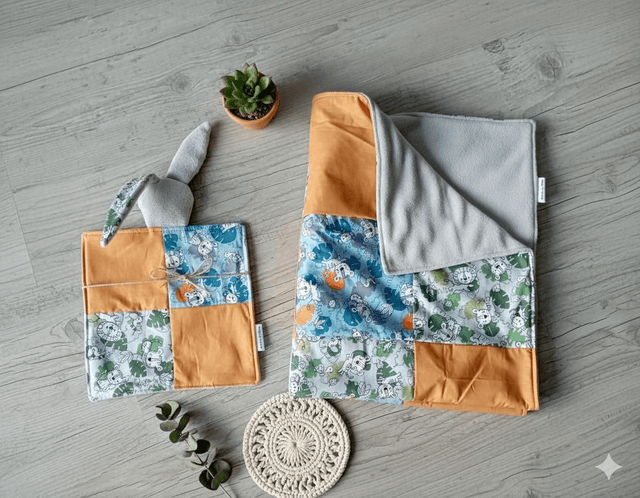 Couverture patchwork et son doudou.